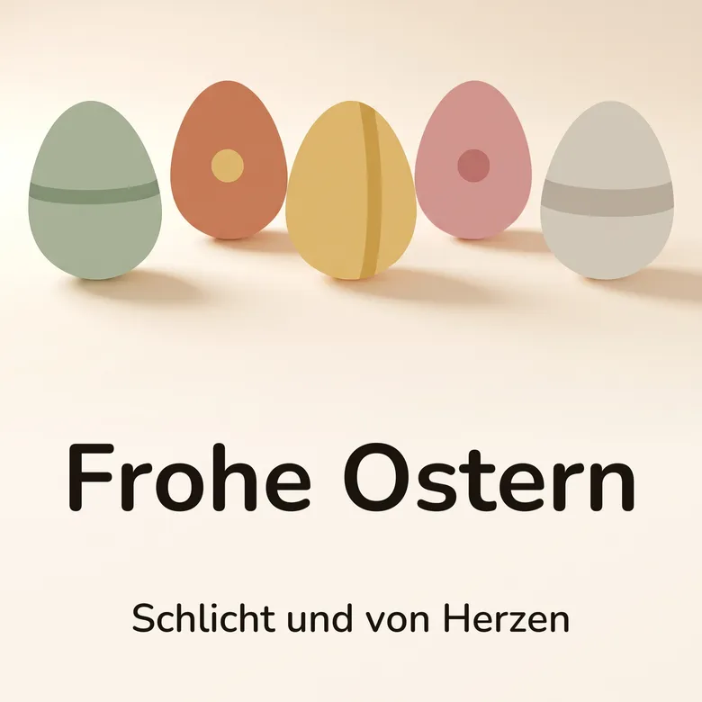Osterbild: fünf flach gezeichnete Ostereier in Salbeigrün, Terrakotta, Senfgelb, Altrosa und Steingrau, jedes mit einem einzelnen Streifen oder Punkt, in einer Reihe auf cremefarbenem Grund, mit dem Schriftzug „Frohe Ostern“ und „Schlicht und von Herzen“