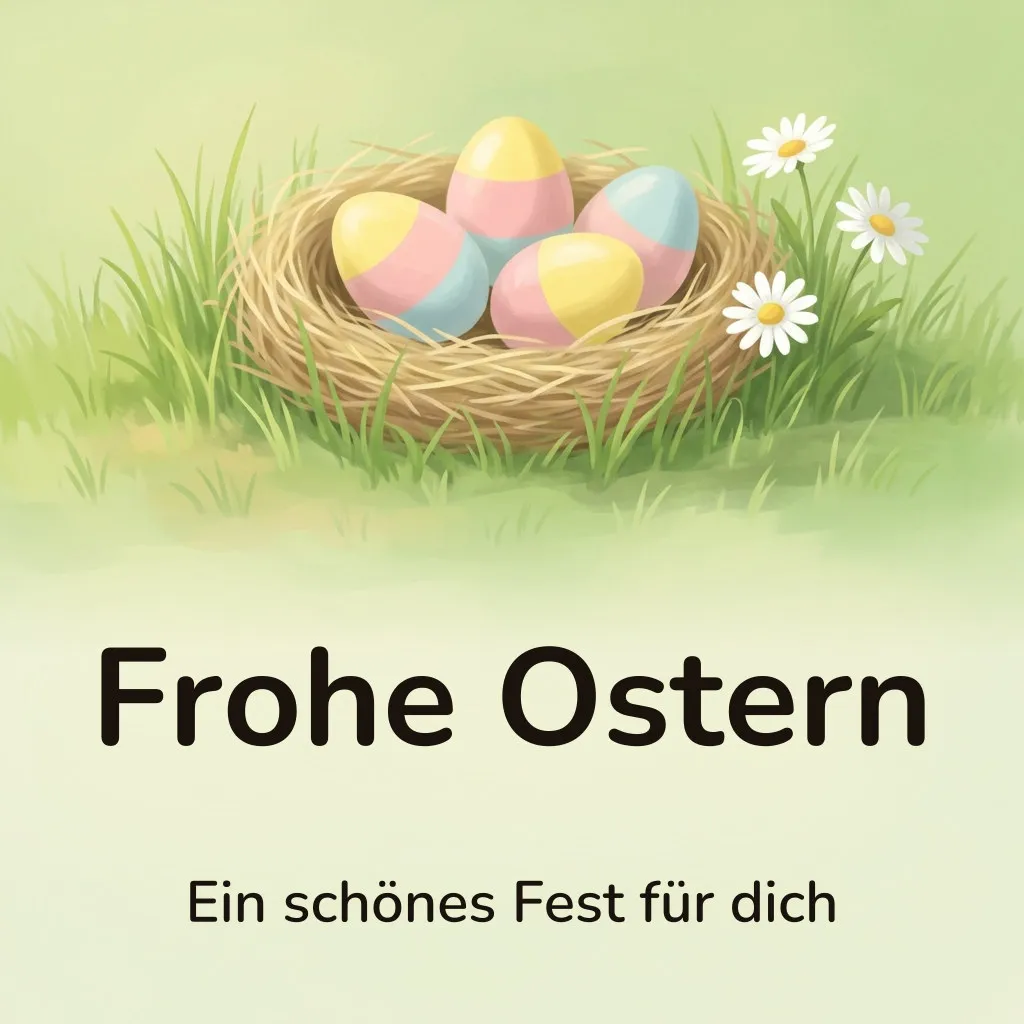 Osterbild: Nest aus trockenem Gras mit fünf pastellfarben bemalten Ostereiern im Frühlingsgras, mit dem Schriftzug „Frohe Ostern“ und „Ein schönes Fest für dich“