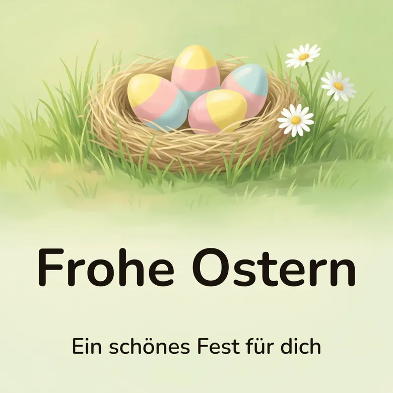 Osterbild: Nest aus trockenem Gras mit fünf pastellfarben bemalten Ostereiern im Frühlingsgras, mit dem Schriftzug „Frohe Ostern“ und „Ein schönes Fest für dich“
