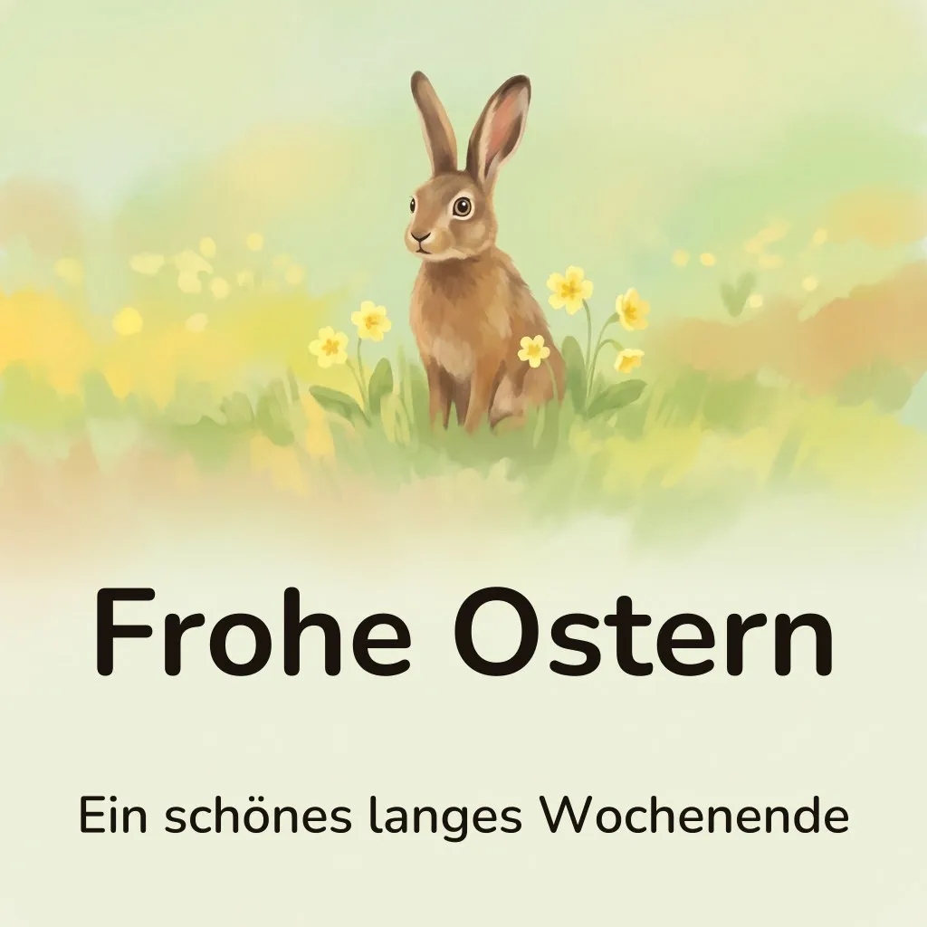 Osterbild: junger brauner Hase sitzt aufrecht in einer Frühlingswiese mit gelben Schlüsselblumen, mit dem Schriftzug „Frohe Ostern“ und „Ein schönes langes Wochenende“