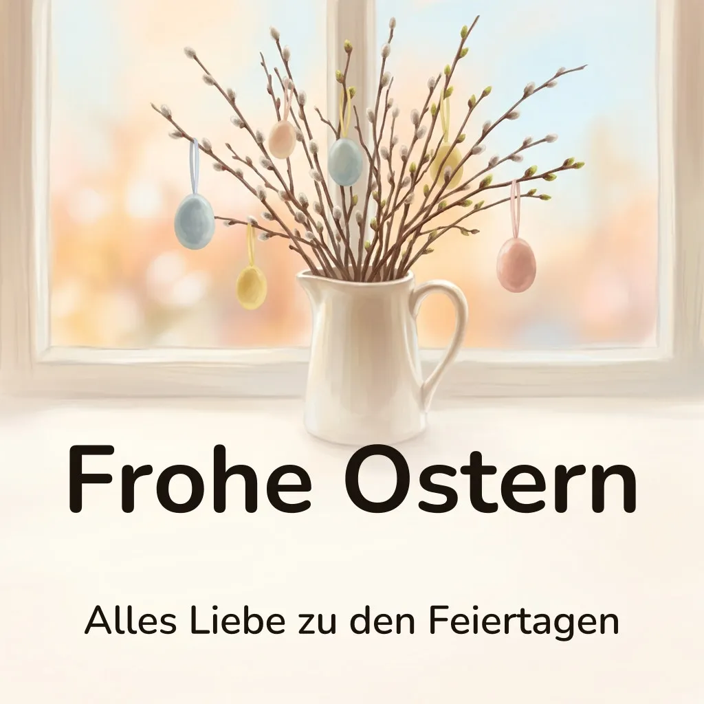 Osterbild: Krug mit Weidenkätzchen- und Haselzweigen auf einer Fensterbank, daran hängen kleine bemalte Eier, mit dem Schriftzug „Frohe Ostern“ und „Alles Liebe zu den Feiertagen“