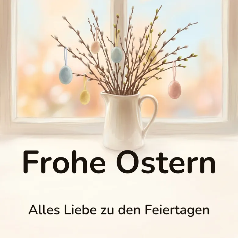 Osterbild: Krug mit Weidenkätzchen- und Haselzweigen auf einer Fensterbank, daran hängen kleine bemalte Eier, mit dem Schriftzug „Frohe Ostern“ und „Alles Liebe zu den Feiertagen“
