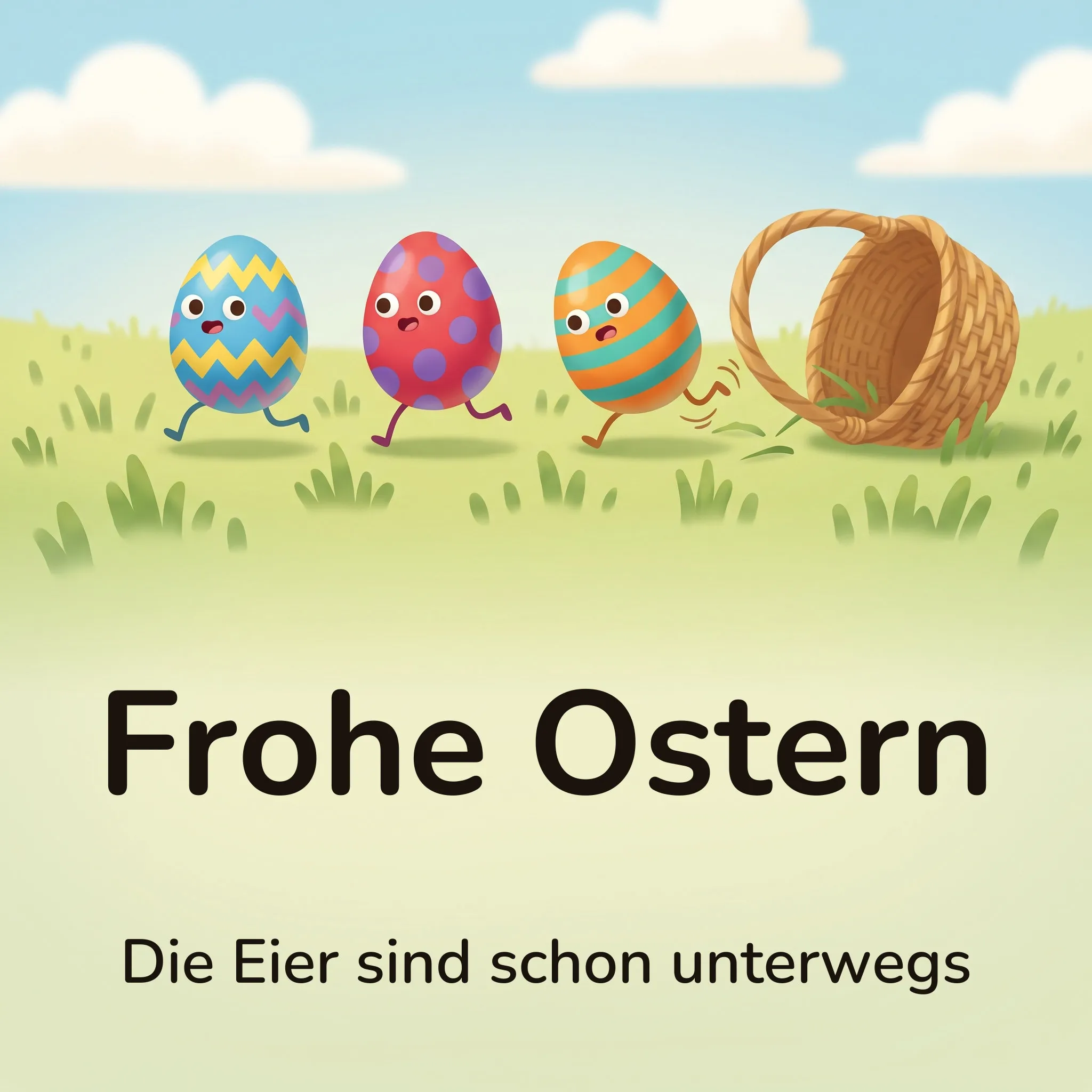 Osterbild: drei bemalte Ostereier mit Gesichtern und dünnen Beinen, die hintereinander über die Wiese von einem umgekippten Weidenkorb weglaufen, mit dem Schriftzug „Frohe Ostern“ und „Die Eier sind schon unterwegs“