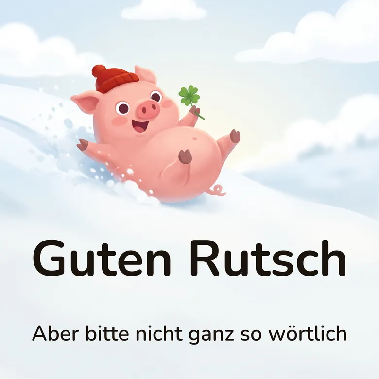 Silvesterbild: rosa Comic-Schwein mit roter Bommelmütze, das auf dem Rücken einen Schneehang hinunterrutscht und ein vierblättriges Kleeblatt hochhält, Schnee stiebt vor ihm auf, mit dem Schriftzug „Guten Rutsch“ und „Aber bitte nicht ganz so wörtlich“