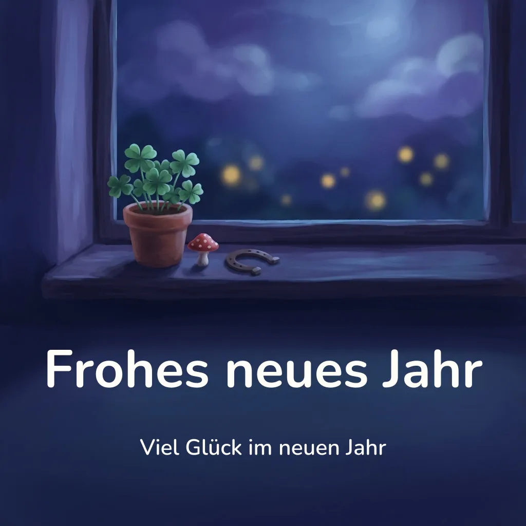 Silvesterbild: Topf mit vierblättrigem Klee neben einem Fliegenpilz und einem kleinen Hufeisen auf einer dunklen Fensterbank, mit dem Schriftzug „Frohes neues Jahr“ und „Viel Glück im neuen Jahr“