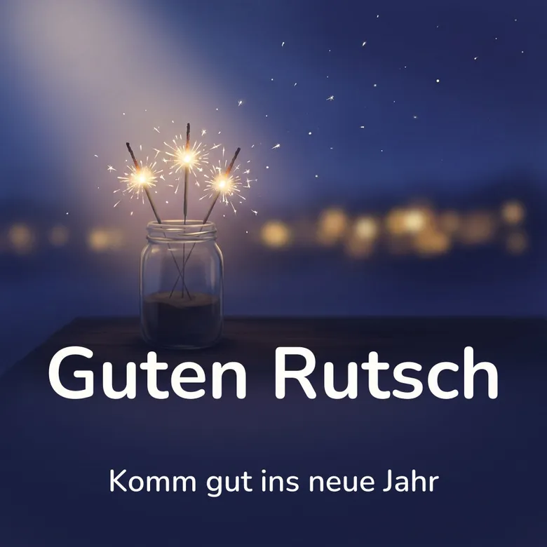 Silvesterbild: drei brennende Wunderkerzen in einem Glas mit Sand auf einem dunklen Tisch, mit dem Schriftzug „Guten Rutsch“ und „Komm gut ins neue Jahr“