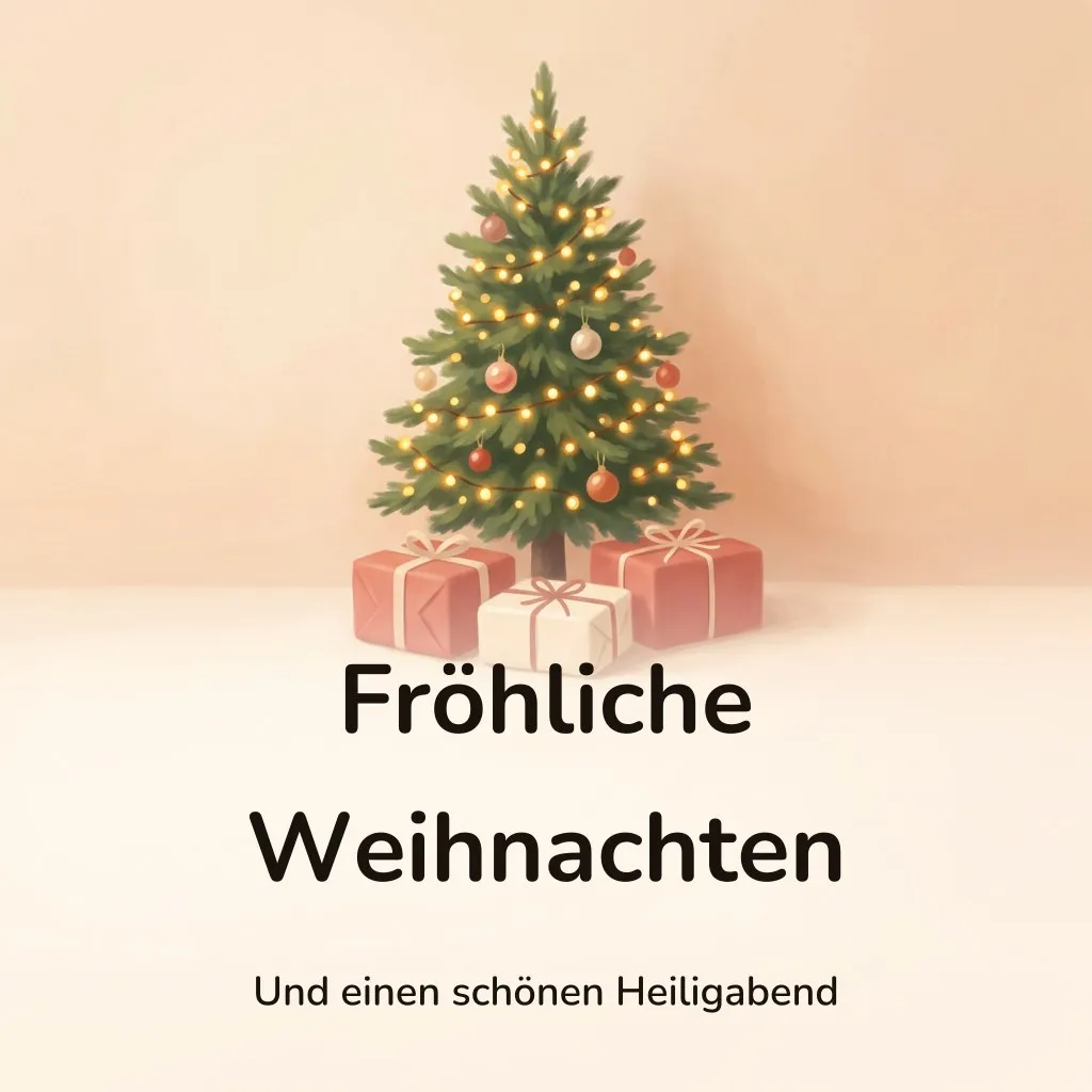 Weihnachtsbild: kleiner geschmückter Weihnachtsbaum mit goldenen Lichtern und drei schlicht verpackten Päckchen davor, mit dem Schriftzug „Fröhliche Weihnachten“ und „Und einen schönen Heiligabend“