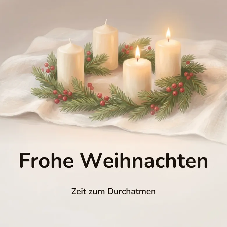 Weihnachtsbild: vier cremefarbene Kerzen in einem Kranz aus Tannenzweigen und roten Beeren, zwei davon brennend, mit dem Schriftzug „Frohe Weihnachten“ und „Zeit zum Durchatmen“