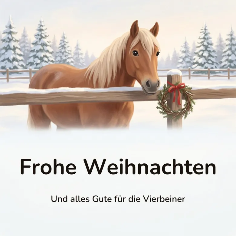 Weihnachtsbild: braunes Pferd mit heller blonder Mähne hinter einem verschneiten Holzzaun, den Kopf über die obere Latte gestreckt, am Zaunpfosten ein kleiner Tannenkranz mit roter Schleife, dahinter schneebedeckte Tannen vor blassem Winterhimmel, mit dem Schriftzug „Frohe Weihnachten“ und „Und alles Gute für die Vierbeiner“