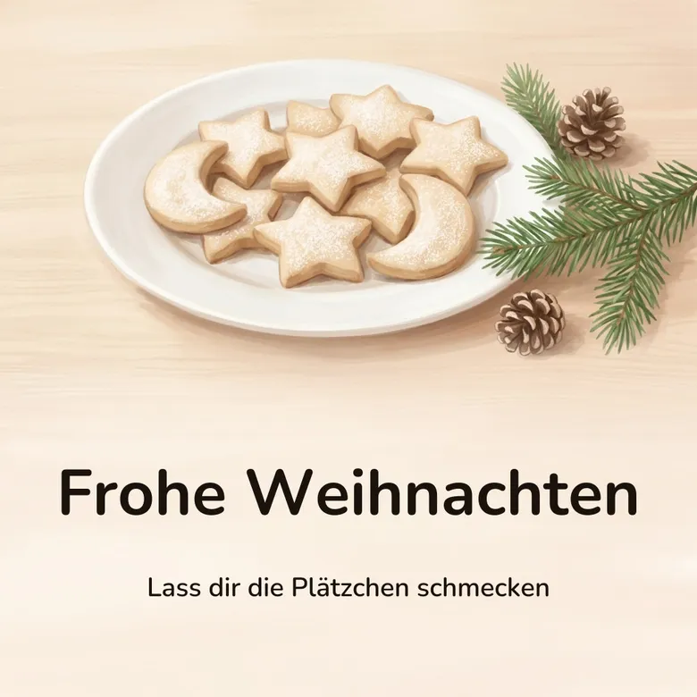 Weihnachtsbild: weißer Teller mit Stern- und Halbmondplätzchen und Puderzucker auf einem hellen Holztisch, mit dem Schriftzug „Frohe Weihnachten“ und „Lass dir die Plätzchen schmecken“