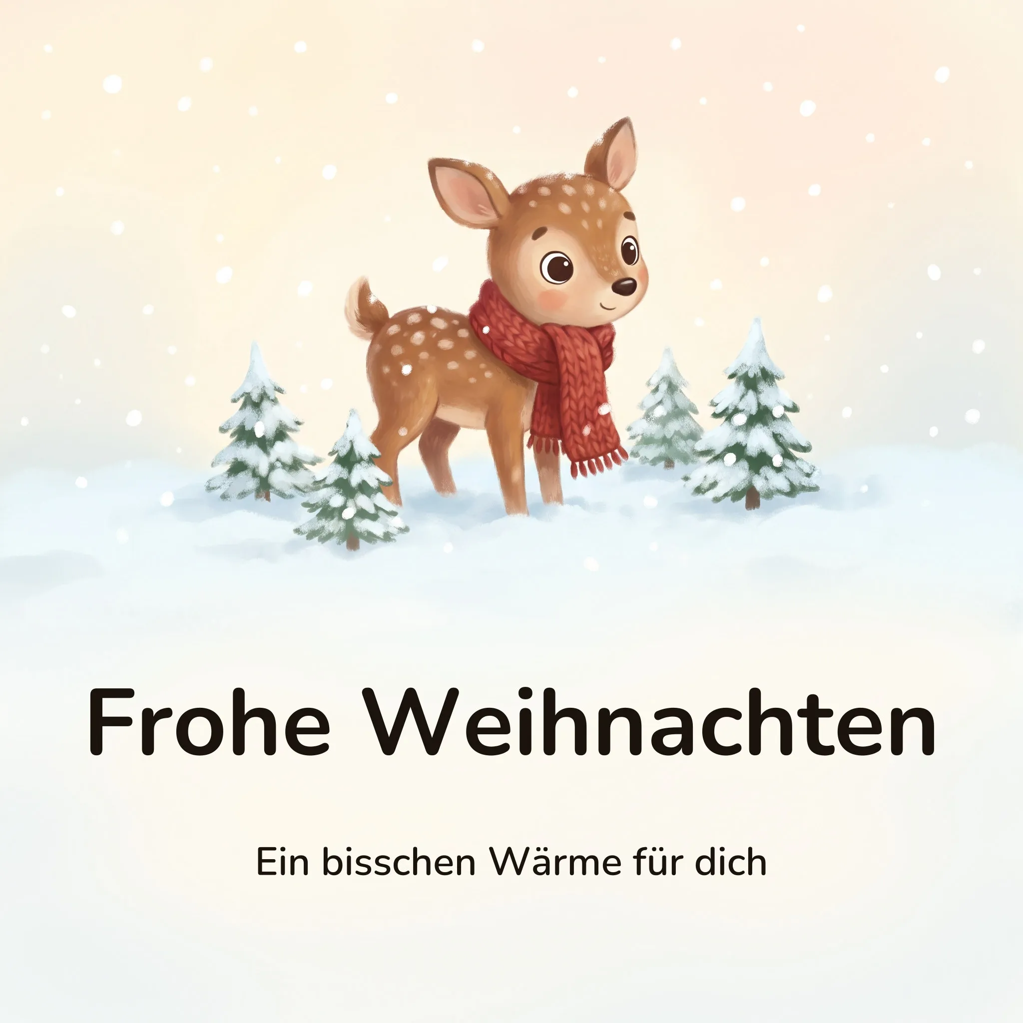 Weihnachtsbild: kleines geflecktes Rehkitz mit rotem Strickschal zwischen vier kleinen Tannen im Schnee, Schneeflocken vor einem pastellfarbenen Winterhimmel, mit dem Schriftzug „Frohe Weihnachten“ und „Ein bisschen Wärme für dich“