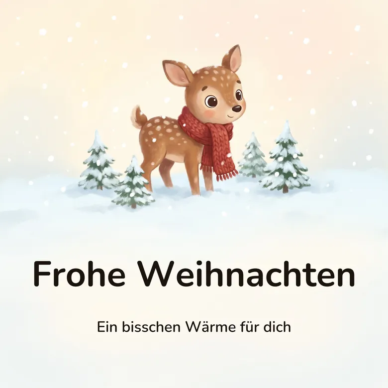 Weihnachtsbild: kleines geflecktes Rehkitz mit rotem Strickschal zwischen vier kleinen Tannen im Schnee, Schneeflocken vor einem pastellfarbenen Winterhimmel, mit dem Schriftzug „Frohe Weihnachten“ und „Ein bisschen Wärme für dich“