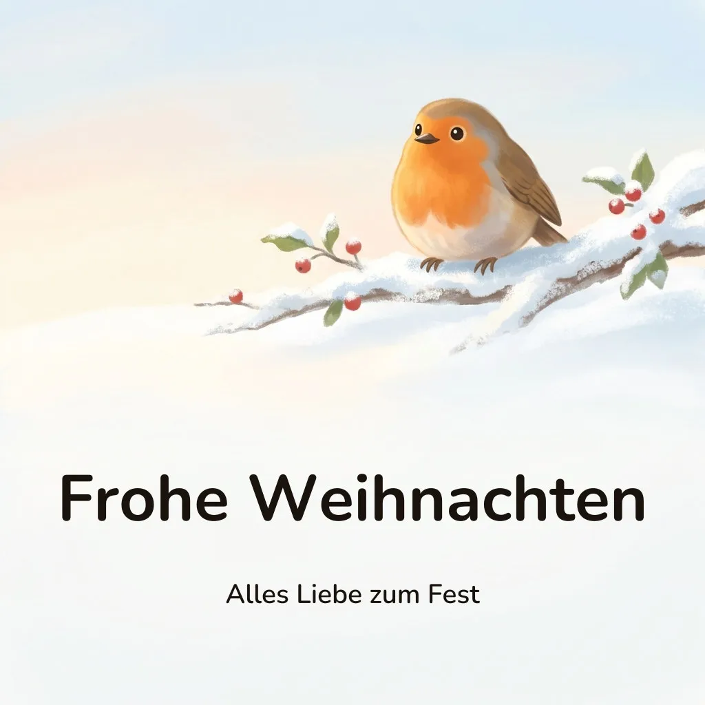 Weihnachtsbild: Rotkehlchen mit oranger Brust auf einem verschneiten Zweig mit roten Beeren, mit dem Schriftzug „Frohe Weihnachten“ und „Alles Liebe zum Fest“