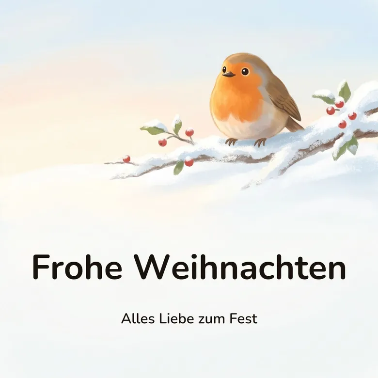 Weihnachtsbild: Rotkehlchen mit oranger Brust auf einem verschneiten Zweig mit roten Beeren, mit dem Schriftzug „Frohe Weihnachten“ und „Alles Liebe zum Fest“