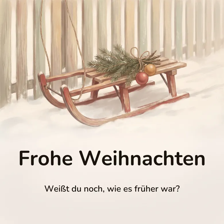 Weihnachtsbild: alter Holzschlitten mit rot lackierten Kufen im Schnee vor einem verwitterten Lattenzaun, auf dem Sitz Tannenzweige mit Schleife und zwei Kugeln in Rot und Gold, alles in gedeckten, verblichenen Farben, mit dem Schriftzug „Frohe Weihnachten“ und „Weißt du noch, wie es früher war?“