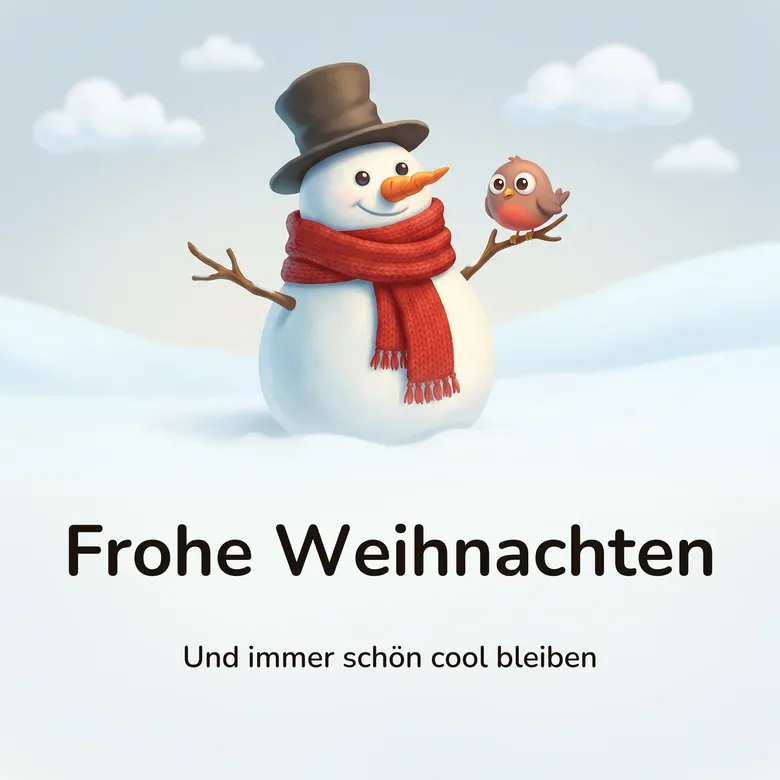 Weihnachtsbild: lachender Schneemann aus zwei Schneekugeln mit schief sitzendem dunklem Zylinder, Karottennase und rotem Strickschal mit herabhängendem Fransenende, auf seinem rechten Astarm sitzt ein kleiner Vogel mit oranger Brust, dahinter verschneite Hügel, mit dem Schriftzug „Frohe Weihnachten“ und „Und immer schön cool bleiben“