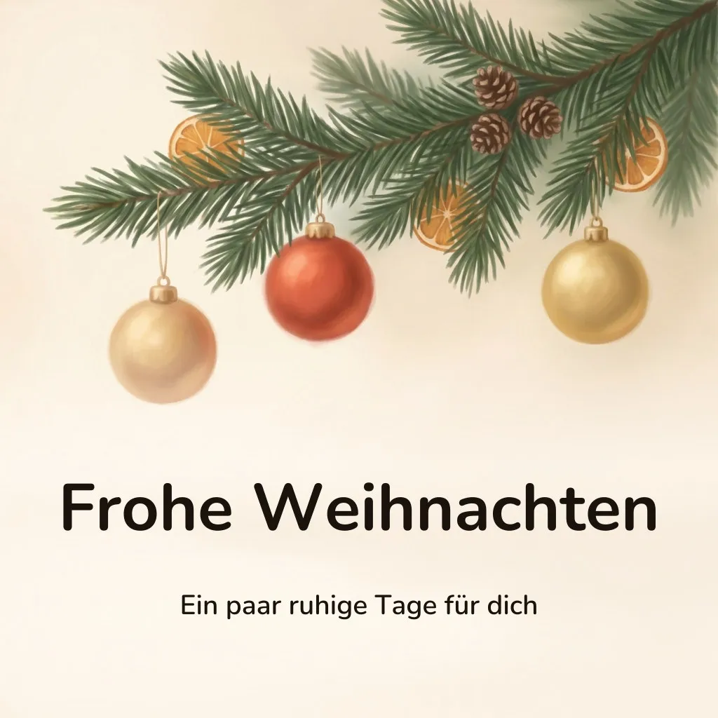 Weihnachtsbild: Tannenzweig mit roten und goldenen Kugeln und getrockneten Orangenscheiben, mit dem Schriftzug „Frohe Weihnachten“ und „Ein paar ruhige Tage für dich“