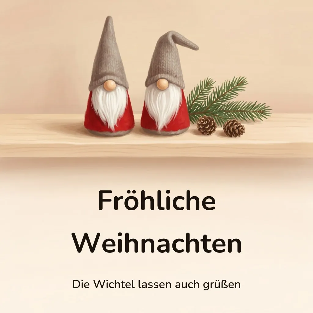 Weihnachtsbild: zwei Wichtelfiguren aus Filz und Wolle mit grauen Strickzipfelmützen, roten Körpern, weißen Bärten und runden Holznasen nebeneinander auf einem hellen Holzbrett, daneben ein Tannenzweig und zwei kleine Zapfen, mit dem Schriftzug „Fröhliche Weihnachten“ und „Die Wichtel lassen auch grüßen“